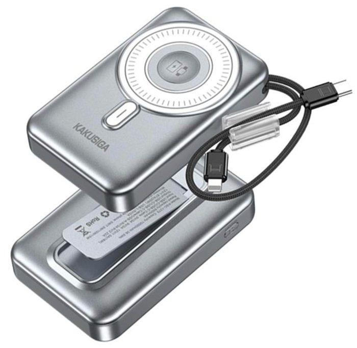 KAKUSIGA KSC-1275 Dual PD20W Magnetic Power Bank with Built-in Cable, Watch Charger, and Stand (10000mAh)