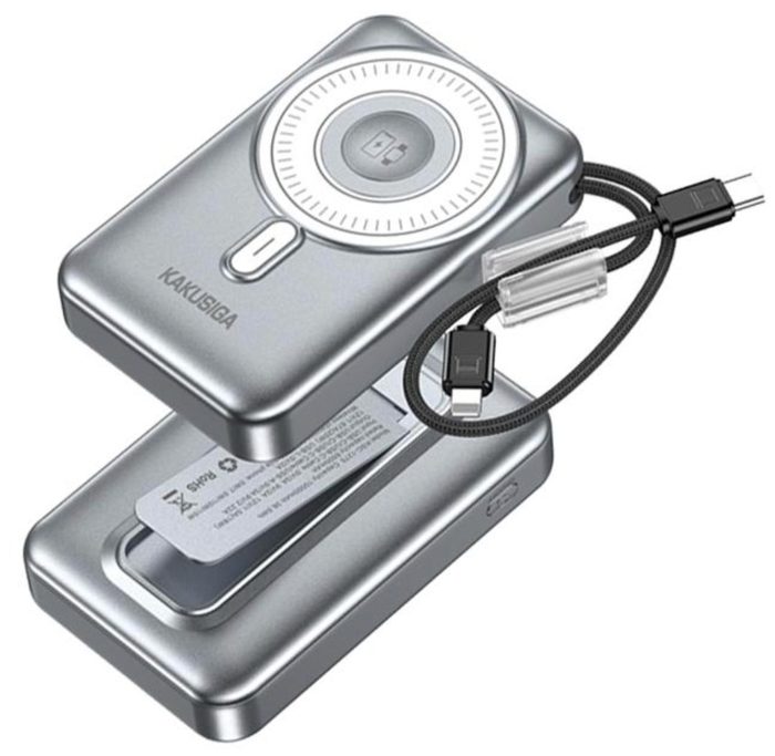 KAKUSIGA KSC-1275 Dual PD20W Magnetic Power Bank with Built-in Cable, Watch Charger, and Stand (10000mAh)