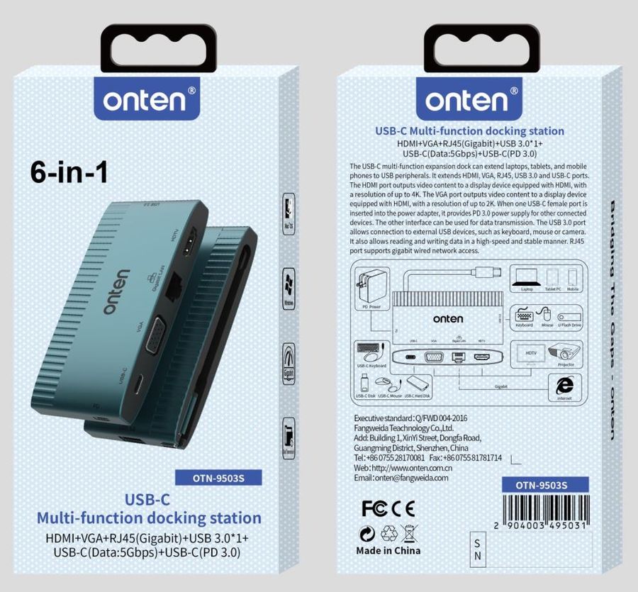 ONTEN OTN-9503S 6-in-1 USB-C Multi-function docking station HDMI+VGA+RJ45(Gigabit)+ USB-C(Data)+USB-C(PD 3.0)+USB 3.0