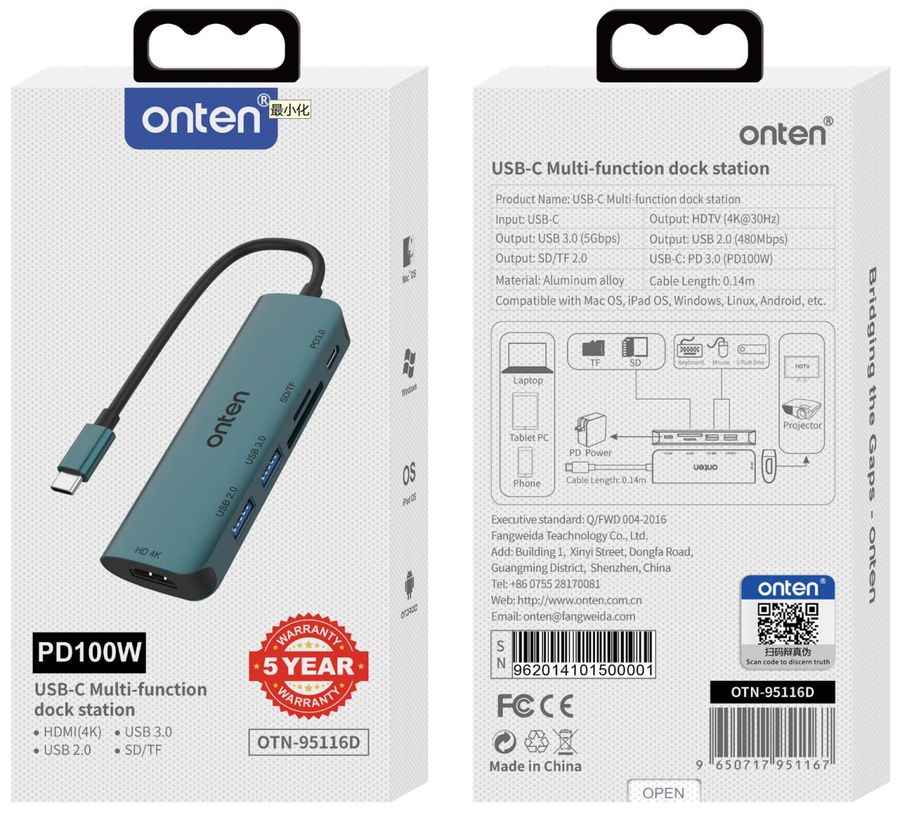 ONTEN OTN-95116D 6-in-1 Type-C Multi- function dock station