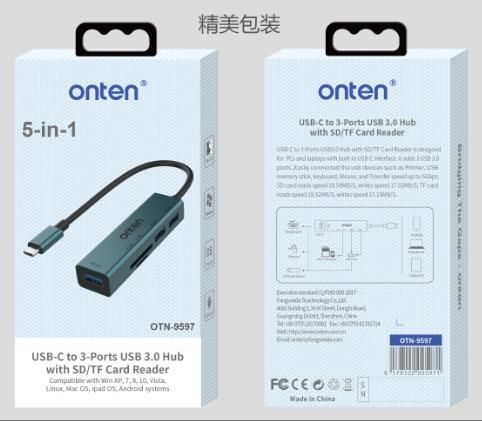 ONTEN OTN-9597 USB-C to 3-Ports USB 3.0 Hub with SD/TF Card Reader