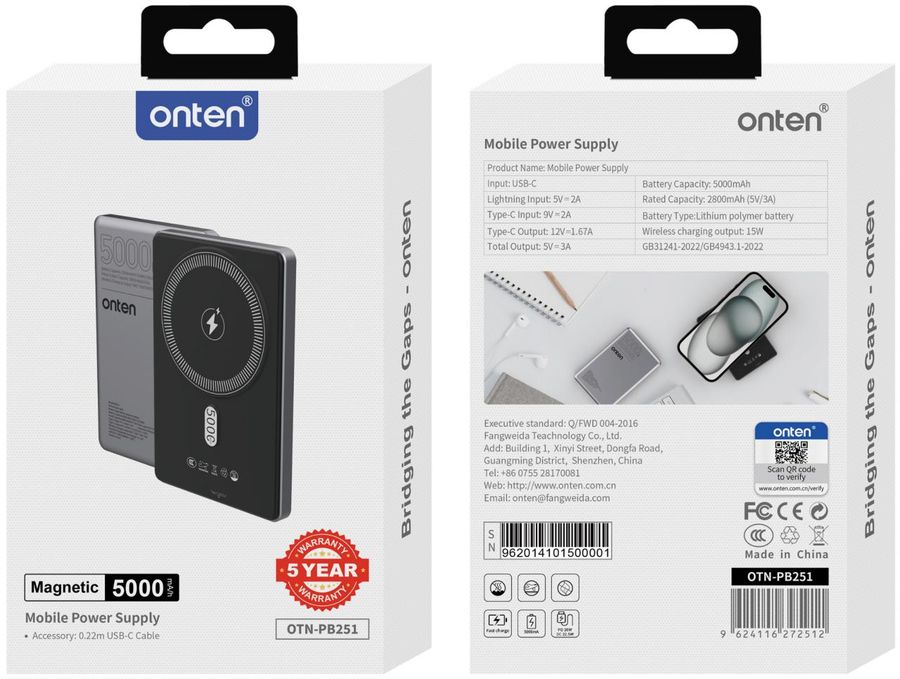 ONTEN OTN-PB251 Power Bank with Wireless Charging