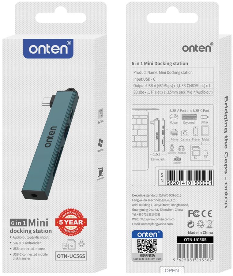 ONTEN OTN-UC56S 6-in-1 90(61):USB-C to audio ++SD+TF+U2+C2