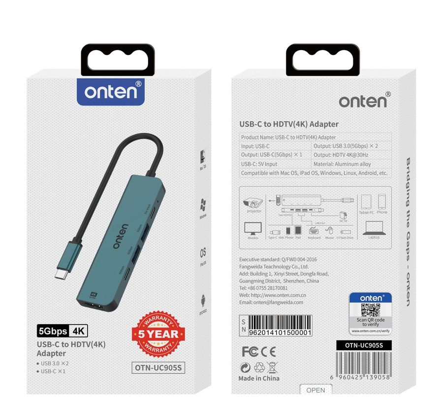ONTEN OTN-UC905S 5-in-1 USB-C to HDTV(4K)Adapter