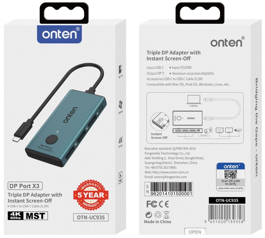 ONTEN OTN-UC935 Triple DP Adapterwith Instant Screen-Off