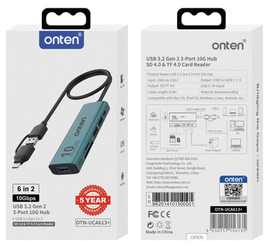 ONTEN OTN-UCA613+ 6-in-2 USB 3.2 Gen 2 3-Port 10G Hub with SDXC Card Reader 6