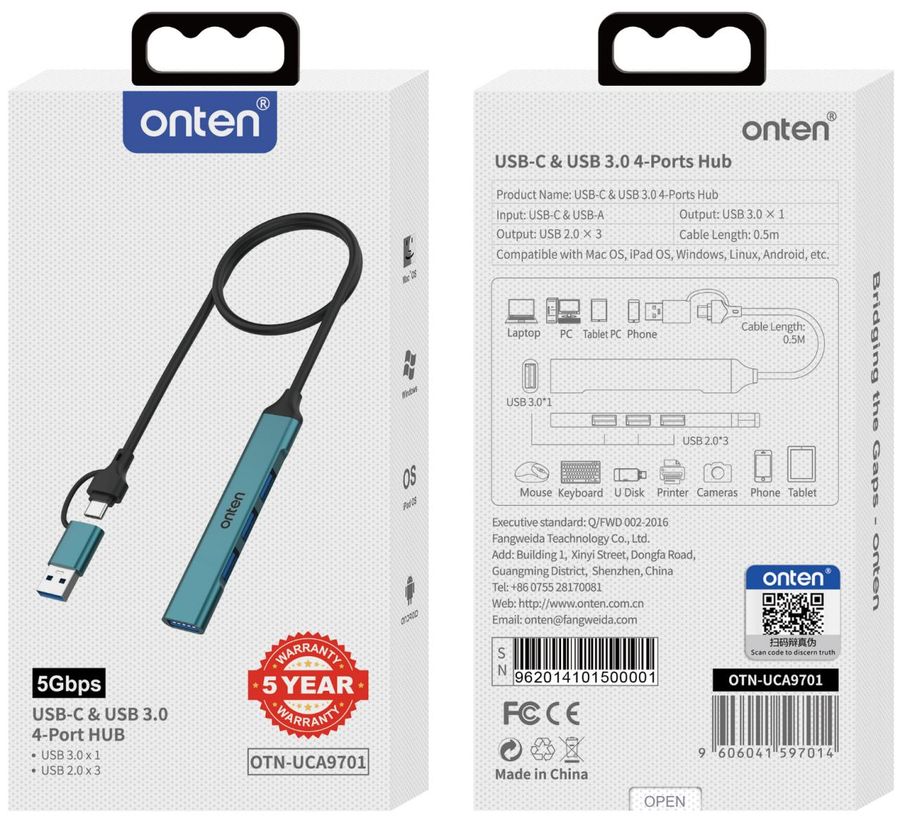 ONTEN OTN-UCA9701 USB-C+USB 3.0) Hub USB2.0x3+USB3.0x1